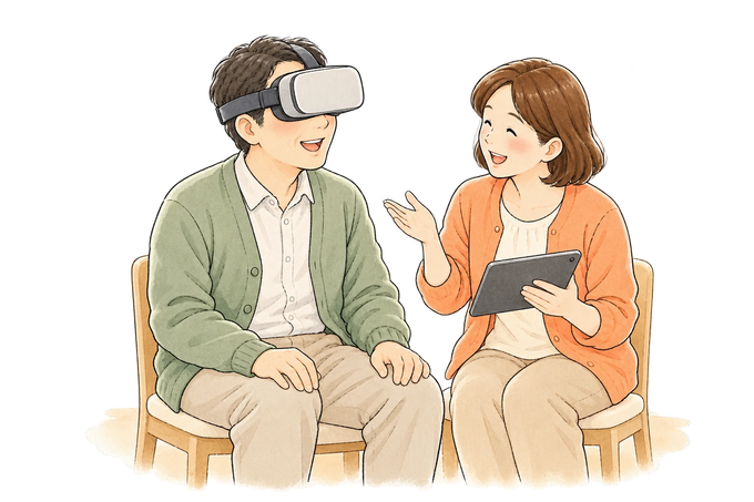 VR機器で認知症の方の感じ方を体験する様子のイラスト