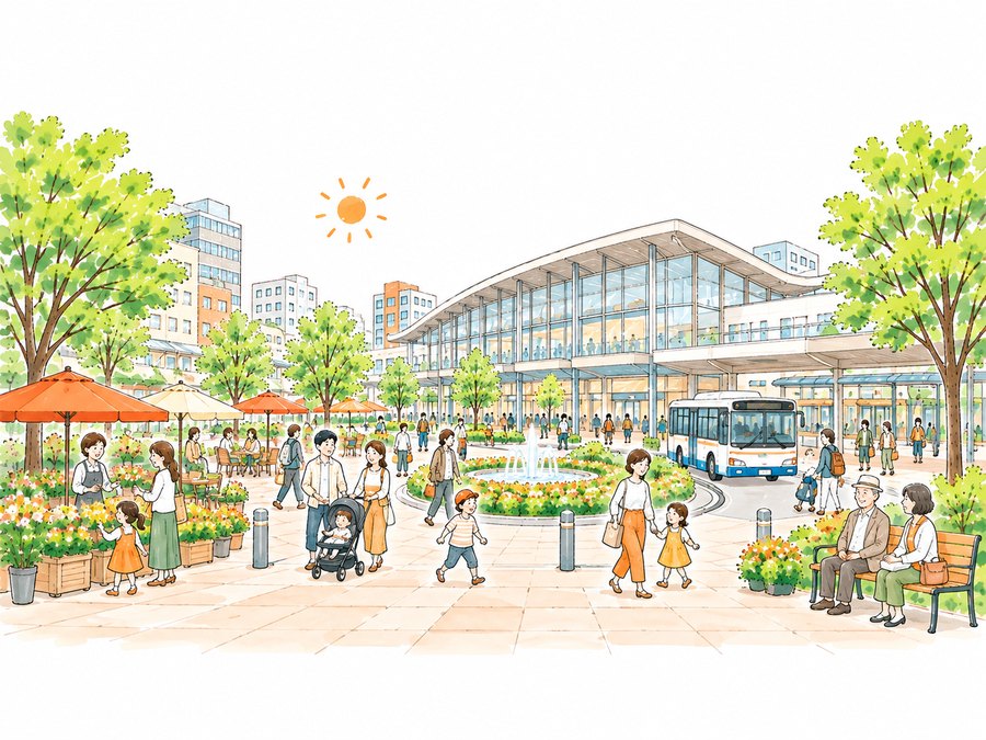 にぎわう駅前広場のイメージイラスト