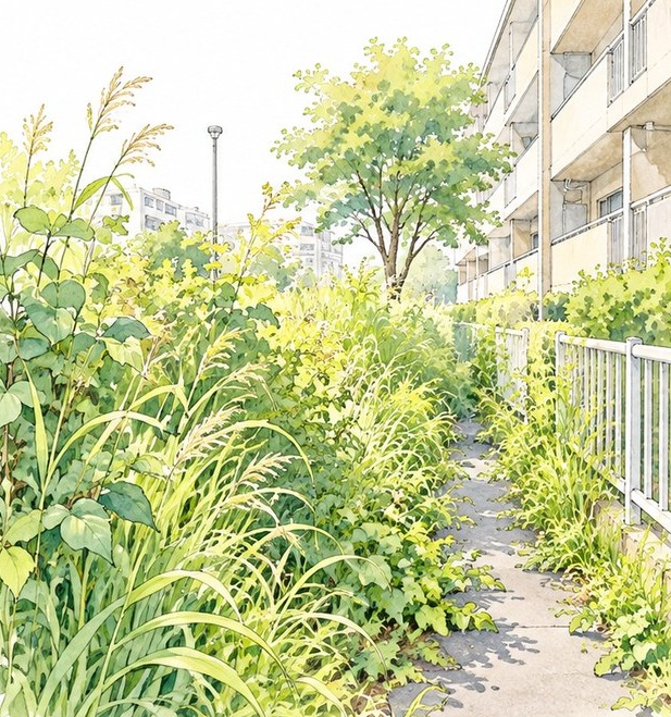雑草が生い茂った歩道